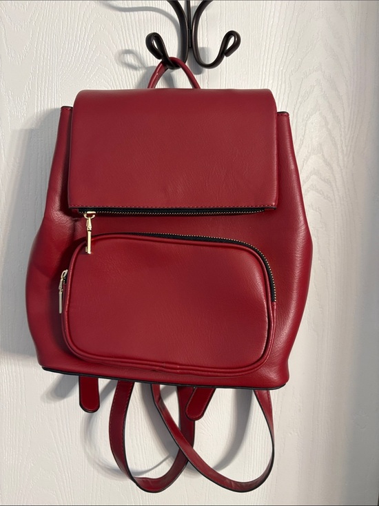 Handbags - Structured Red Faux Leather Women's Backpack with Front Pocket